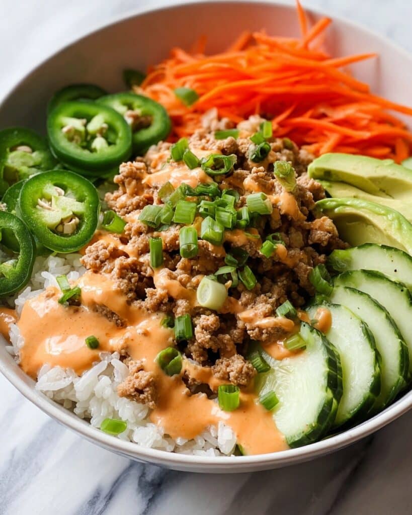 Ground Turkey Rice Bowls with Vegetables and Spicy Sauce Recipe