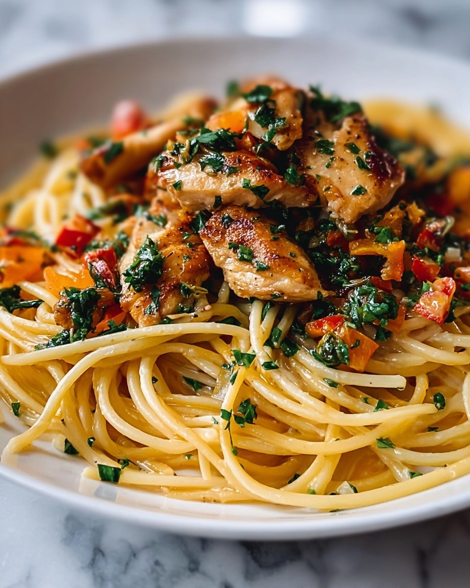A white plate holds a close-up of spaghetti pasta as the base layer, light yellow and slightly glossy with a smooth texture, laid out in a loose nest shape. On top are several pieces of cooked chicken, golden brown with a slightly crispy surface and sprinkled with chopped green herbs. Scattered around the chicken and pasta are small pieces of orange roasted vegetables and more chopped greens, adding hints of red and green color. The dish looks fresh and warm on a white marbled surface. photo taken with an iphone --ar 4:5 --v 7