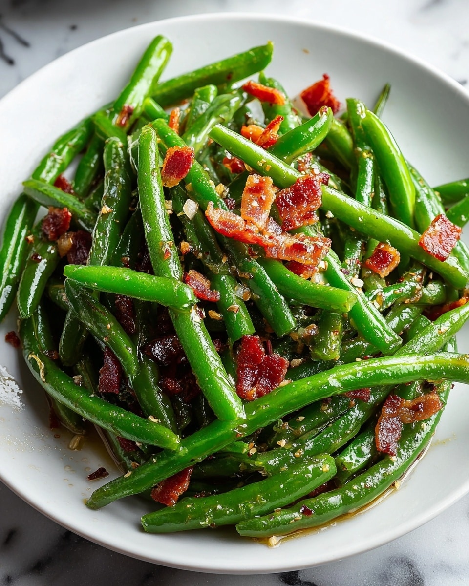 A close-up view of a white plate filled with glossy green beans and crispy bacon pieces scattered on top. The green beans are bright green, shiny, and cooked, piled naturally with a few broken pieces visible. The bacon bits are small, reddish-brown with a slightly crisp texture, sprinkled evenly over the beans. Small grains of salt and pepper are sprinkled lightly on the beans and bacon, adding texture and contrast. The plate sits on a white marbled textured surface, with a blurred second plate of green beans in the background and a few red chili peppers to the side. Photo taken with an iphone --ar 4:5 --v 7