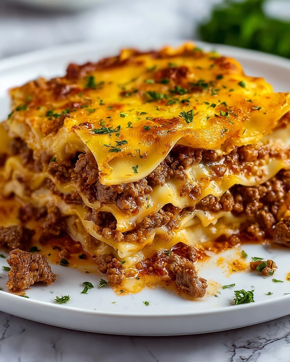 The dish is a layered lasagna slice on a white plate set on a white marbled surface, showing four layers of pasta sheets that are pale yellow and slightly ruffled at the edges. Between the pasta layers are rich brown ground meat mixed with a reddish tomato sauce, creating a moist texture. The top layer is covered with melted golden-yellow cheese, bubbling slightly with browned spots and sprinkled with small green parsley pieces. Some meat crumbs and parsley are scattered around the plate, and the cheese looks glossy and thick. Photo taken with an iphone --ar 4:5 --v 7