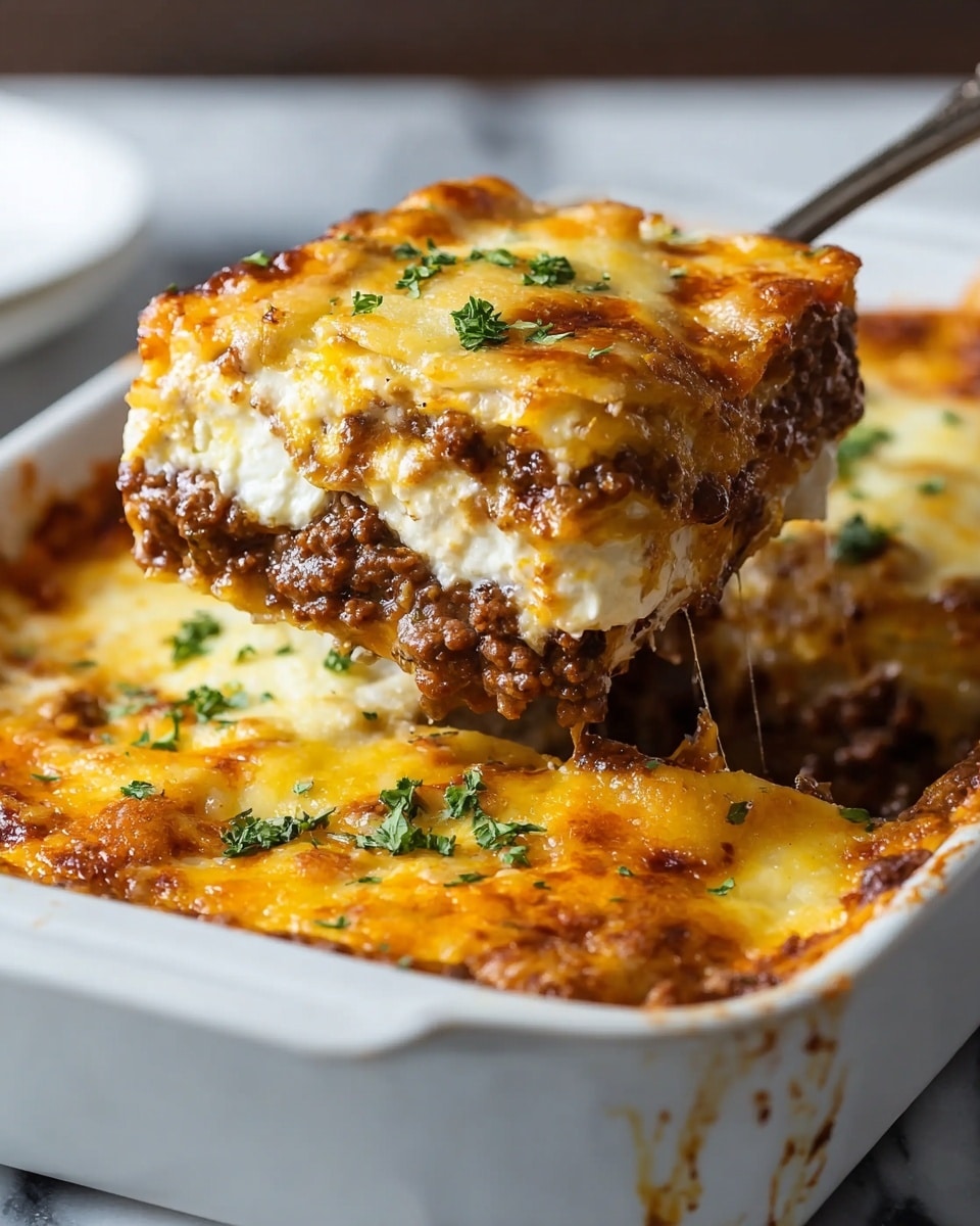 A white baking dish filled with a layered casserole. The bottom layer is dark brown cooked ground meat with visible texture, topped by a smooth, light creamy layer. On top of that is a thick, melted golden-orange cheese layer with crispy browned edges and small green herb leaves scattered over. A fork lifts a square piece showing all three layers clearly, with cheese stretching slightly. The dish is on a gray cloth with a white marbled surface in the background. photo taken with an iphone --ar 4:5 --v 7