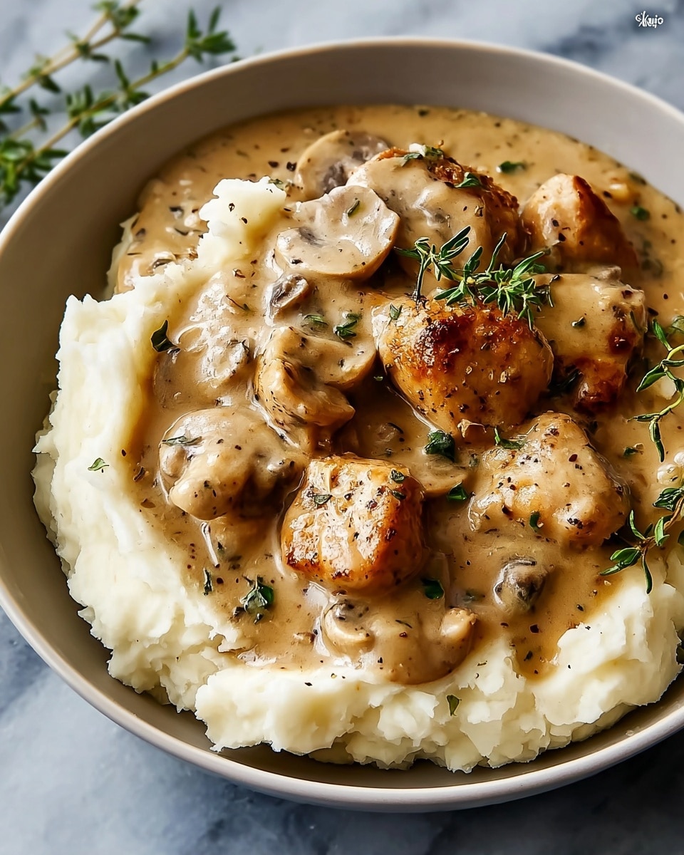 A dish with two clear layers is shown in a white bowl on a white marbled surface. The bottom layer is creamy white mashed potatoes with a soft, fluffy texture. On top, there is a thick, light brown creamy sauce with visible slices of light brown mushrooms and browned, golden pieces of chicken. The sauce has small green herb pieces scattered throughout, adding freshness and color. A small sprig of green thyme rests on the middle of the dish. The overall look is warm and comforting. photo taken with an iphone --ar 4:5 --v 7
