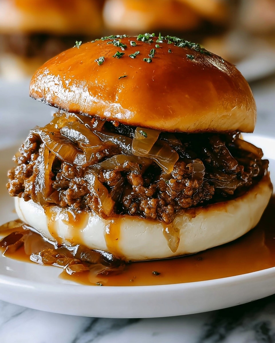 A close-up view of a sandwich on a white plate, showing three main layers: the bottom layer is a soft, white bun with a smooth texture, the middle layer is filled with dark brown cooked ground meat and caramelized translucent onion slices mixed with a glossy rich sauce that drips slightly onto the plate, and the top layer is a shiny golden-brown bun sprinkled with small green herb pieces. Small green herb leaves are also scattered around the plate, with a white marbled surface underneath. photo taken with an iphone --ar 4:5 --v 7