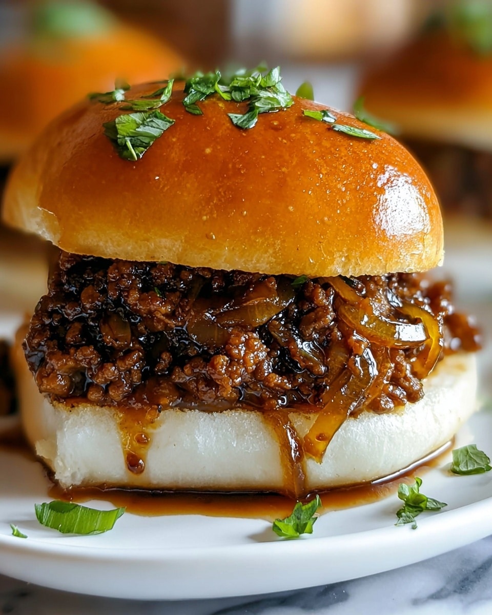 The image shows a juicy burger with three main layers on a white plate. The bottom layer is a soft, white bun with a smooth texture. On top of that, there is a thick layer of dark brown ground meat mixed with caramelized, translucent onions, covered in a shiny, rich sauce that is dripping slightly onto the plate. The top layer is a glossy, golden brown toasted bun sprinkled with small green herb pieces. The plate is placed on a white marbled surface. Photo taken with an iphone --ar 4:5 --v 7