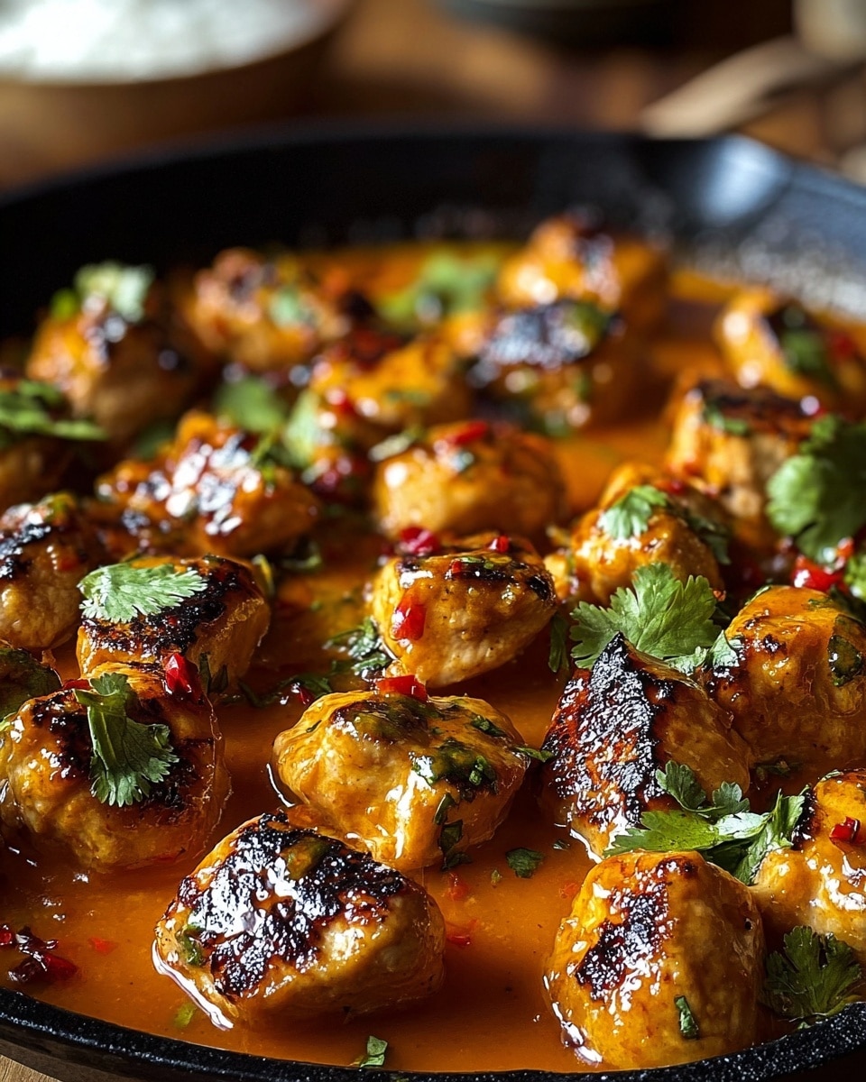 This image shows small browned chicken pieces in a warm orange sauce with a shiny texture, spread evenly across the bottom of a black pan. The chicken pieces have some charred spots giving a textured look. Green cilantro leaves are scattered on top, adding a fresh touch with bright green color. The sauce has visible bits of red and green herbs, creating a colorful mix. The background features a soft focus on other food items, all placed on a white marbled texture. photo taken with an iphone --ar 4:5 --v 7