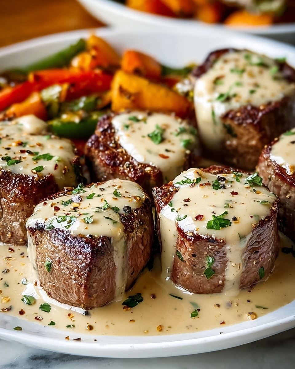 The image shows a white plate filled with several thick, seared beef medallions, each topped with a smooth, creamy beige sauce that drips slightly down the sides. The beef has a rich brown crust with hints of black pepper and small green herb pieces sprinkled over both the meat and sauce. Around the base of the medallions, the sauce pools lightly, mixing with some herbs and a touch of oil. In the background, vibrant roasted vegetables in shades of green, yellow, and orange are slightly out of focus, adding color contrast to the dish. The whole scene is set on a white marbled surface. photo taken with an iphone --ar 4:5 --v 7