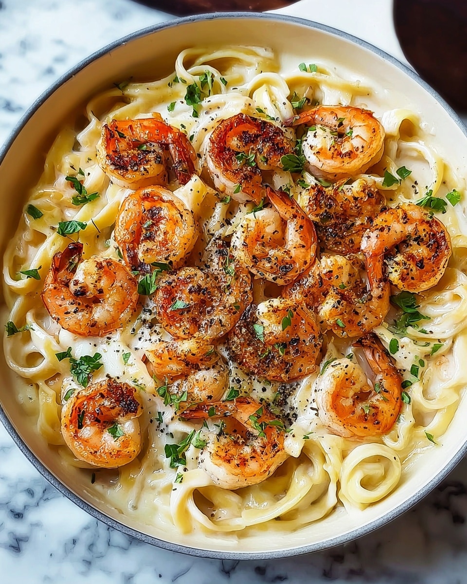 A white pan filled with creamy pasta as the base layer, light yellow in color with smooth texture, topped with several cooked shrimp that are orange-pink with slight char marks, scattered evenly across the surface. Small green herb leaves are sprinkled among the shrimp, adding a fresh contrast. Black pepper flakes are lightly spread on top, adding texture and color variation. The pan sits on a white marbled surface with part of a yellow container visible in the background. photo taken with an iphone --ar 4:5 --v 7