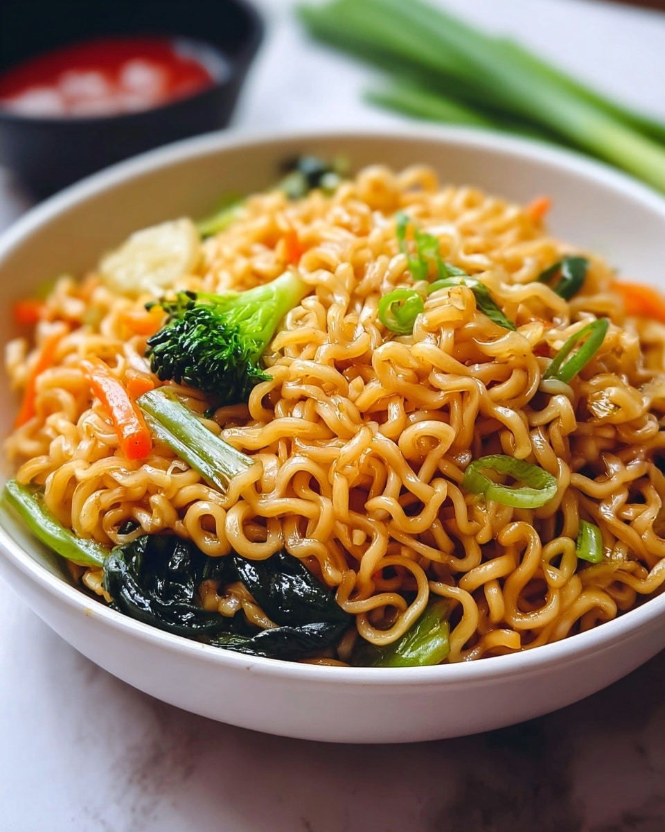A white bowl filled with a large serving of glossy, light brown stir-fried noodles piled high as the main layer, mixed with bright green pieces of scallions, dark green broccoli florets, and vibrant orange carrot strips evenly spread throughout. The noodles and vegetables have a shiny texture from a sauce coating them. In the background, there is a small black bowl with red sauce, all set on a white marbled surface. photo taken with an iphone --ar 4:5 --v 7