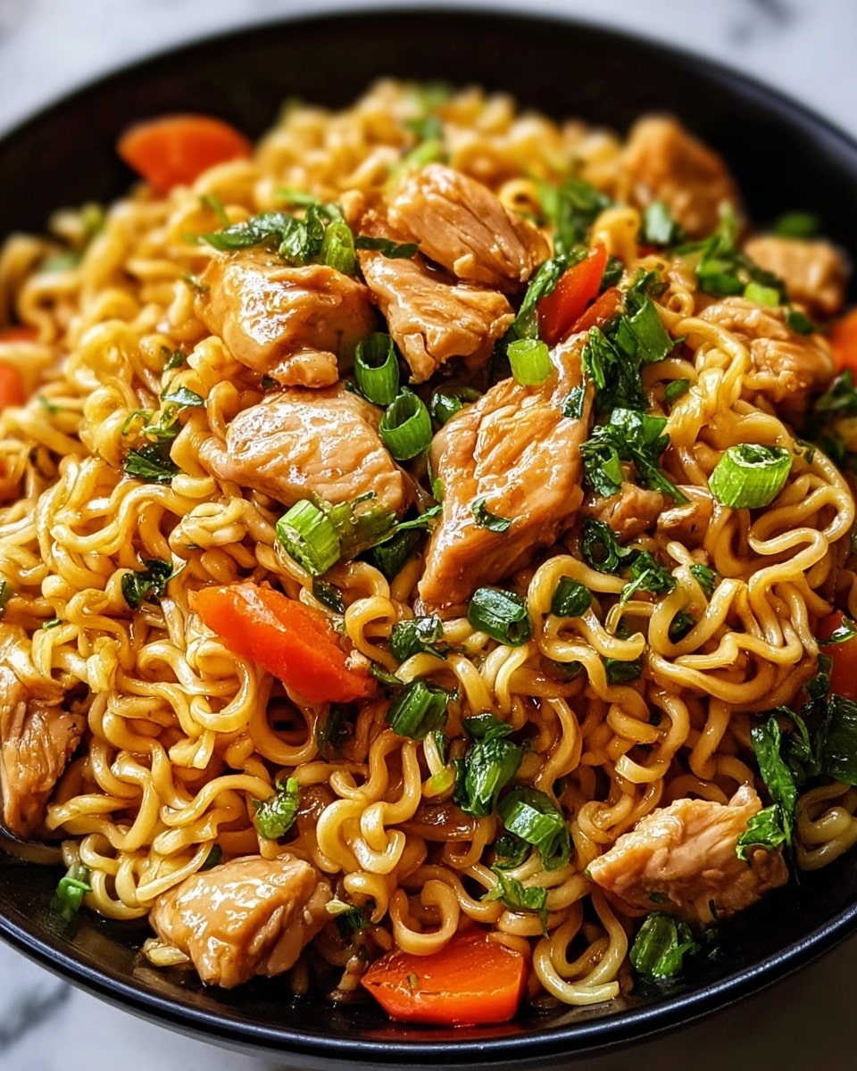 The image shows a close-up of a black bowl filled with three main layers. The bottom layer is a bed of curly, golden-brown cooked noodles with a shiny texture. The middle layer consists of sliced red bell peppers adding bright red color spots mixed in with the noodles. The top layer is tender pieces of brown chicken scattered evenly, garnished with small green onion rings and fresh green cilantro leaves, creating a vibrant contrast. The bowl is set on a white marbled surface. photo taken with an iphone --ar 4:5 --v 7