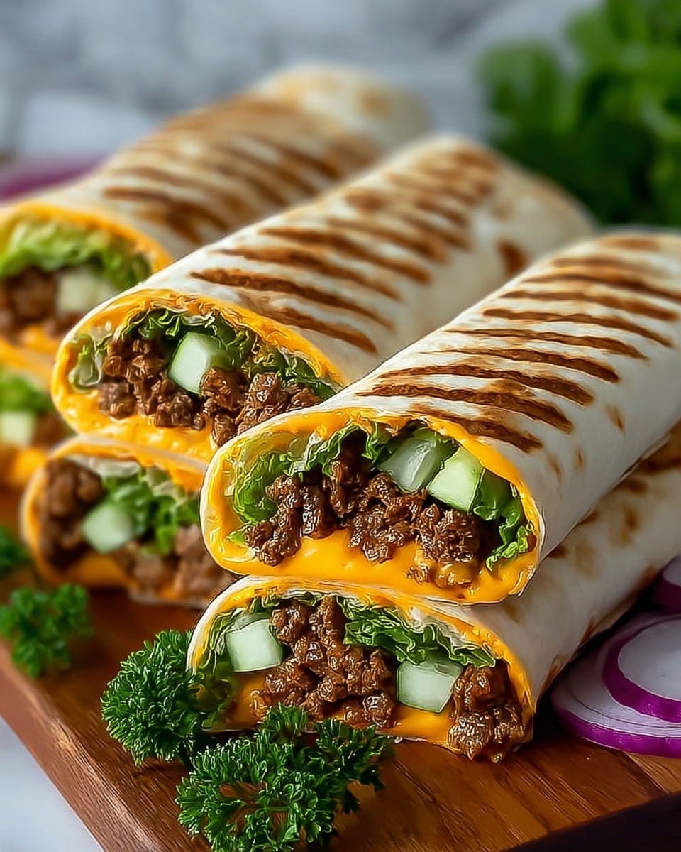 Four grilled wraps are placed close together on a wooden board with a white marbled texture beneath. Each wrap shows three main layers inside: a bright orange melted cheese layer lining the tortilla, a middle layer of dark brown cooked ground meat, and a bottom layer of fresh green lettuce and slices of cucumber. The tortillas have light brown grill marks running horizontally across their white surface. Some fresh parsley leaves and rings of red onion are also visible around the wraps, adding color contrast. The image looks crisp and vibrant, photo taken with an iphone --ar 4:5 --v 7