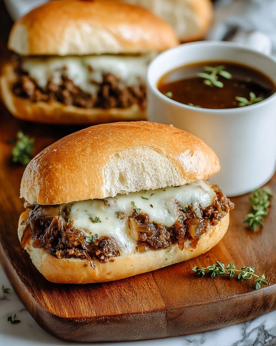 Three sandwiches on a wooden board each have a light golden brown bun with a slightly shiny, soft texture. Inside each bun is a thick layer of ground beef mixed with small bits of onion, cooked to a dark brown color with a juicy texture. On top of the meat is a layer of melted white cheese with a smooth and slightly creamy look, covering the meat unevenly. Next to the sandwiches is a white cup filled with a dark brown broth with small green herbs floating on top. The whole scene is set on a white marbled surface with a gray cloth partly visible under the board. photo taken with an iphone --ar 4:5 --v 7