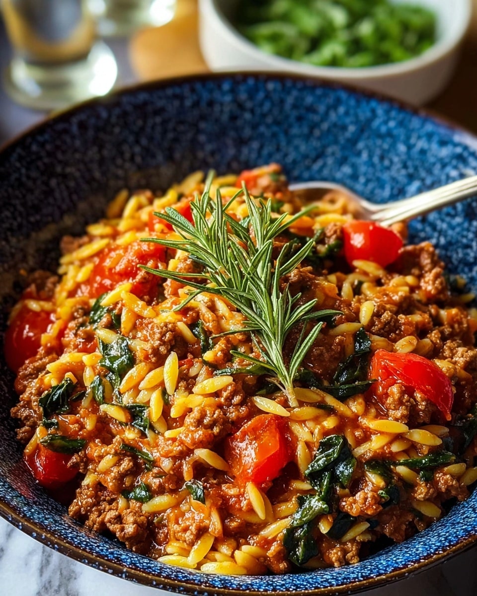 The dish is served in a deep, white bowl with a speckled blue rim, showing a mix of orzo pasta and ground meat in a rich red tomato sauce. The orzo is golden yellow and soft, mixed evenly with small brown chunks of cooked ground meat, and scattered pieces of bright red tomatoes. Fresh green herbs, both whole and chopped, sit on top and throughout the dish, adding a touch of vibrant color. A spoon rests inside the bowl along the rim. The background shows blurred bowls with greens on a white marbled surface. photo taken with an iphone --ar 4:5 --v 7