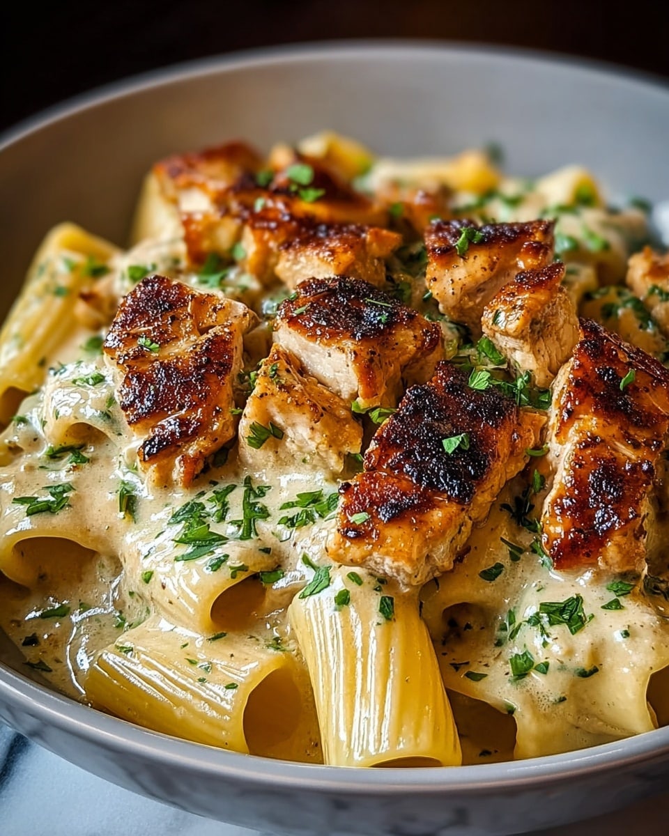 The dish shows a close-up of rigatoni pasta coated in a creamy light beige sauce, topped with several pieces of golden brown, grilled chicken cubes. The chicken pieces have a slightly charred texture with green bits of chopped herbs sprinkled on top. The pasta rings are thick and ridged, sitting at the bottom and edges in the background. The entire dish is served in a white bowl, placed on a white marbled surface. photo taken with an iphone --ar 4:5 --v 7