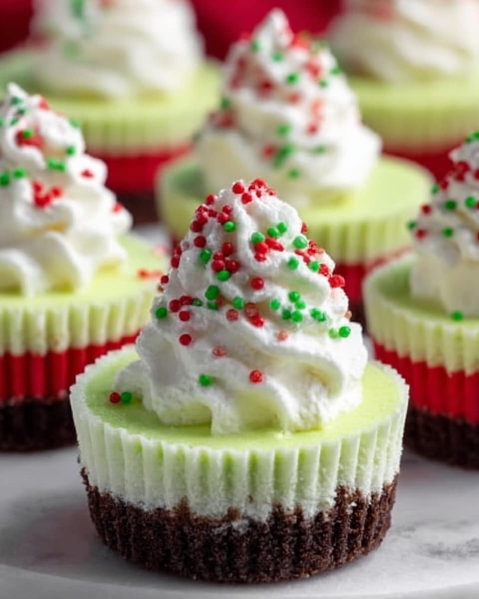 The image shows small round cheesecakes with three clear layers on a white marbled surface. The bottom layer is a dark brown crumb crust, the middle layer is a smooth, bright green cheesecake, and the top is a swirl of white whipped cream. The whipped cream is decorated with red, green, and white sprinkles. The cheesecakes are in red cupcake liners, arranged close together with a soft focus on the background. photo taken with an iphone --ar 4:5 --v 7