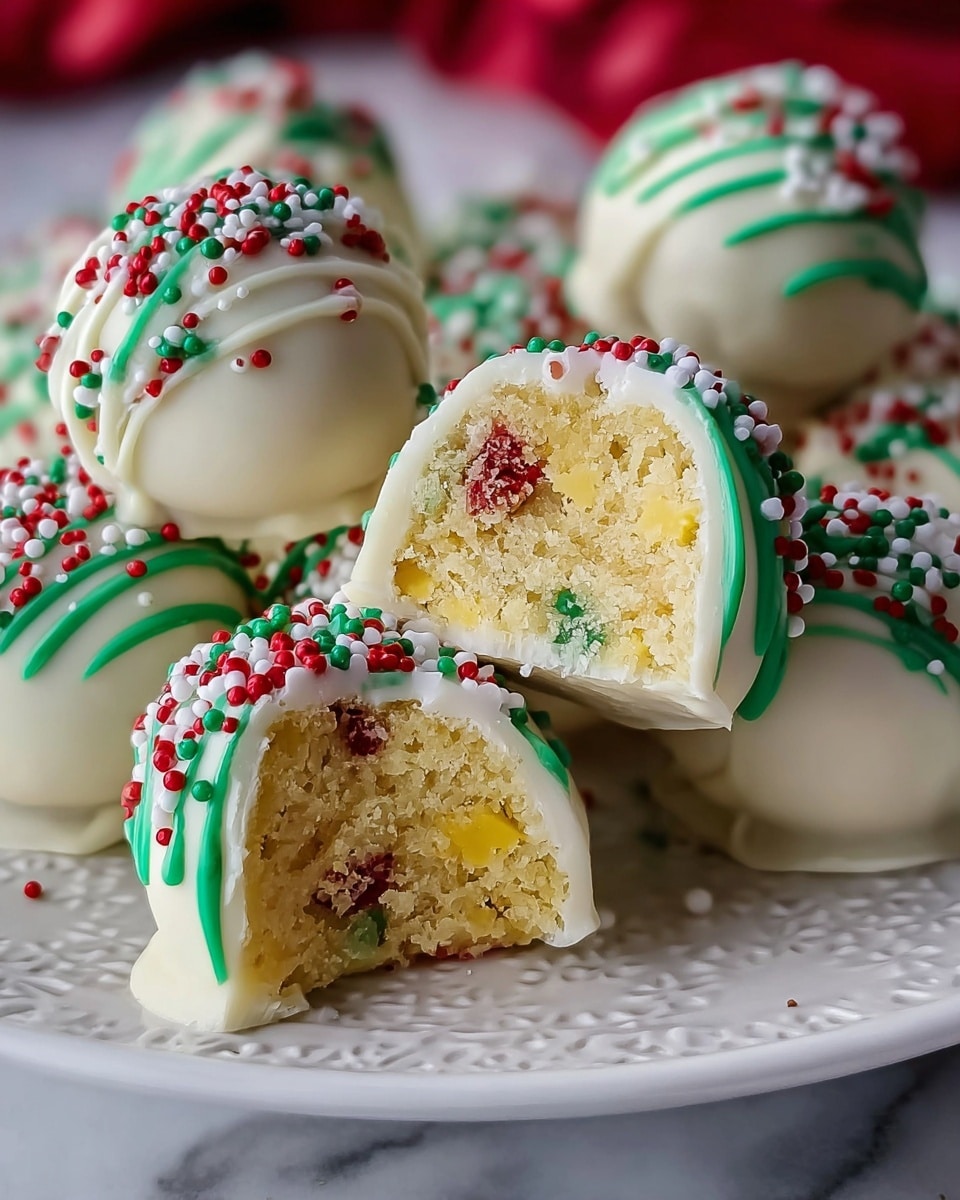The image shows a close-up of round cake balls coated in smooth white chocolate. Each ball is decorated with thin green icing lines wrapped around horizontally, and topped with small red, green, and white round sprinkles. One cake ball is cut open and placed on top of another, revealing a dense inside with visible chunks of white chocolate and colorful red and green sprinkles embedded throughout the light yellow cake. The cake balls sit on a white plate on a white marble surface. photo taken with an iphone --ar 4:5 --v 7