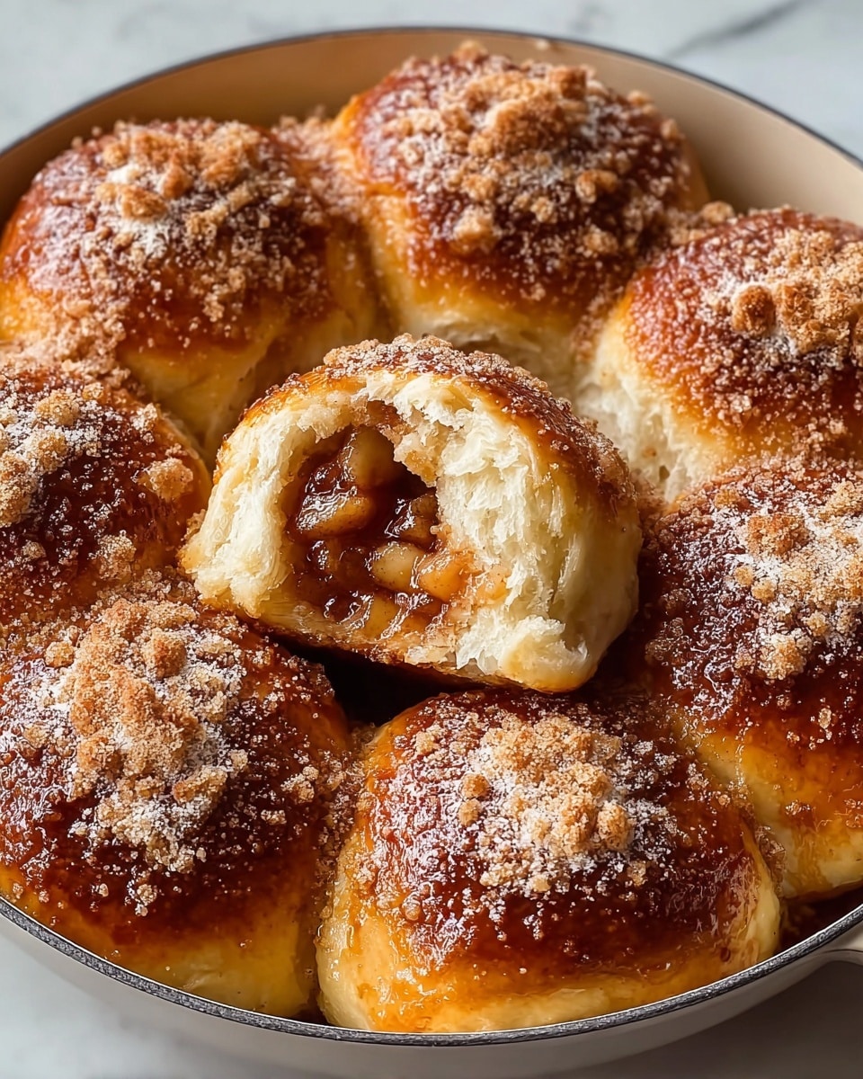 A round white baking pan filled with eight golden brown buns covered with a caramelized sugary topping sprinkled lightly with powdered sugar. One bun in the center is torn open, showing soft, fluffy light-colored dough with a thick, gooey filling inside made of small, cooked apple pieces in a shiny caramel sauce. The buns have a slightly rough texture on top from the sugar crust, and the overall look is warm and inviting. Photo taken with an iphone --ar 4:5 --v 7