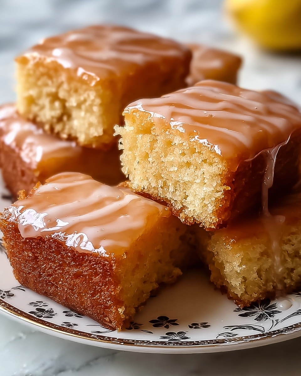 The image shows five square-shaped cake pieces placed closely together on a white plate with blue floral patterns. Each cake piece has two visible layers: a golden-brown, moist-looking spongy base with a slightly textured surface, and a smooth, thick layer of light brown icing dripping slightly down the sides. One cake piece is slightly raised on top of the others, revealing its soft and airy inner texture. The background is a white marbled texture, softly blurred to keep focus on the cakes. Photo taken with an iphone --ar 4:5 --v 7