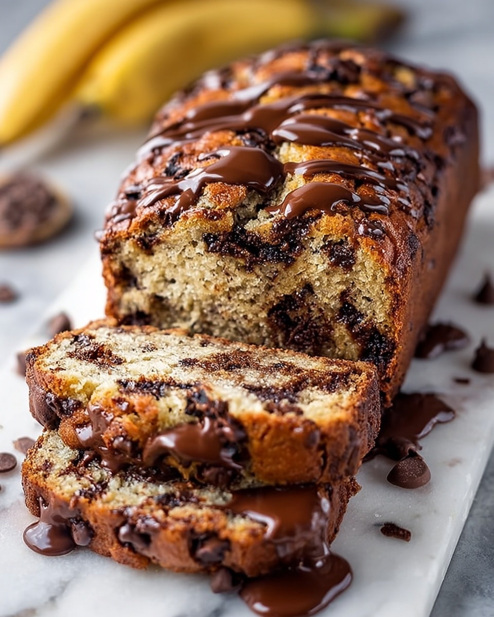 A loaf of banana bread with dark brown crust and a dense, soft inside full of chocolate chips, some melted and shiny on top and in the slices. The bread is cut into three thick slices stacked slightly in front, showing a light brown crumb with many dark chocolate spots inside. The bread rests on a white marble surface scattered with extra chocolate chips and drizzled melted chocolate, with a blurred banana in the background adding a warm yellow tone. photo taken with an iphone --ar 4:5 --v 7