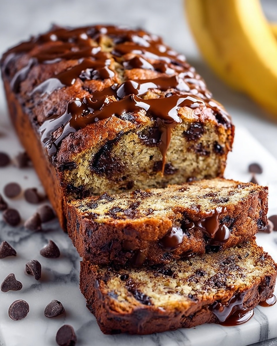 A loaf of chocolate chip banana bread sits on a white marbled surface, sliced with two thick pieces in front. The bread has a golden brown crust with dark chocolate chips baked inside, creating a speckled pattern through the moist, light beige crumb. Melted chocolate drizzles over the top and pools lightly around the base, along with scattered chocolate chips. In the background, there are two whole bananas blurred out. The texture on the bread looks soft and dense with gooey chocolate on the crust and sides. Photo taken with an iphone --ar 4:5 --v 7