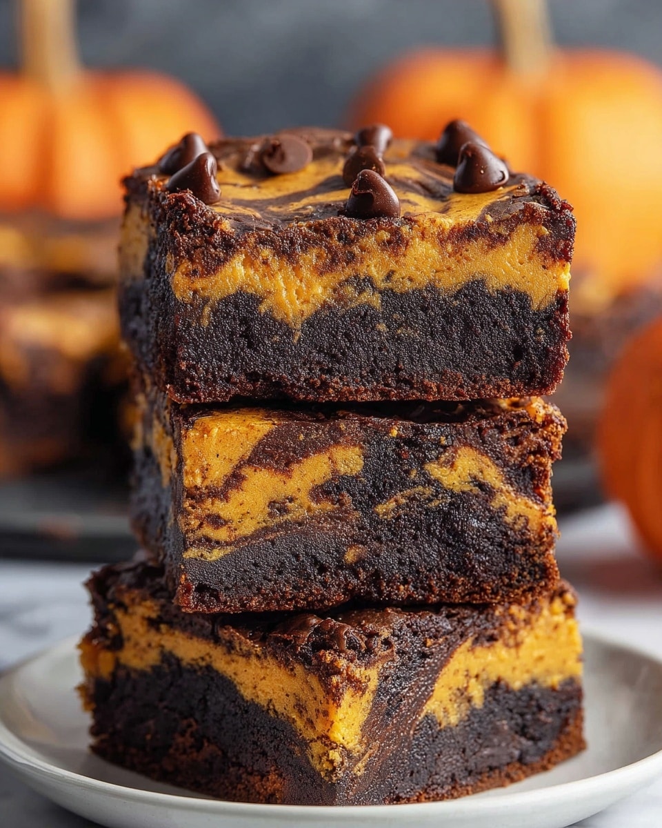 A close-up of a stack of three square brownies showing three layers: the bottom layer is dark and dense chocolate, the middle layer is yellow-orange with a pumpkin swirl texture mixed with the chocolate, and the top layer is glossy chocolate with a marbled swirl pattern and chocolate chips scattered on top. The brownies are placed on a white plate with extra chocolate chips around it, all set on a white marbled surface. Photo taken with an iphone --ar 4:5 --v 7