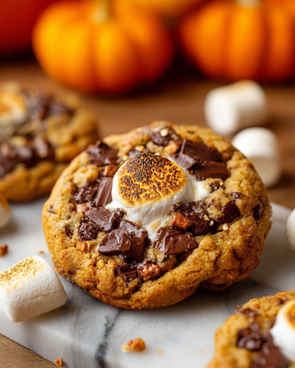 A close-up of a single golden brown cookie with a soft, slightly cracked texture, studded with melted dark chocolate chunks and gooey toasted marshmallows on top, surrounded by more cookies and toasted marshmallows scattered around on a white marbled texture surface. The cookie has a slightly round shape with visible chocolate pieces embedded inside and gooey marshmallows forming irregular white and light brown patches on the surface, with crumbled chocolate bits sprinkled on top. Photo taken with an iphone --ar 4:5 --v 7