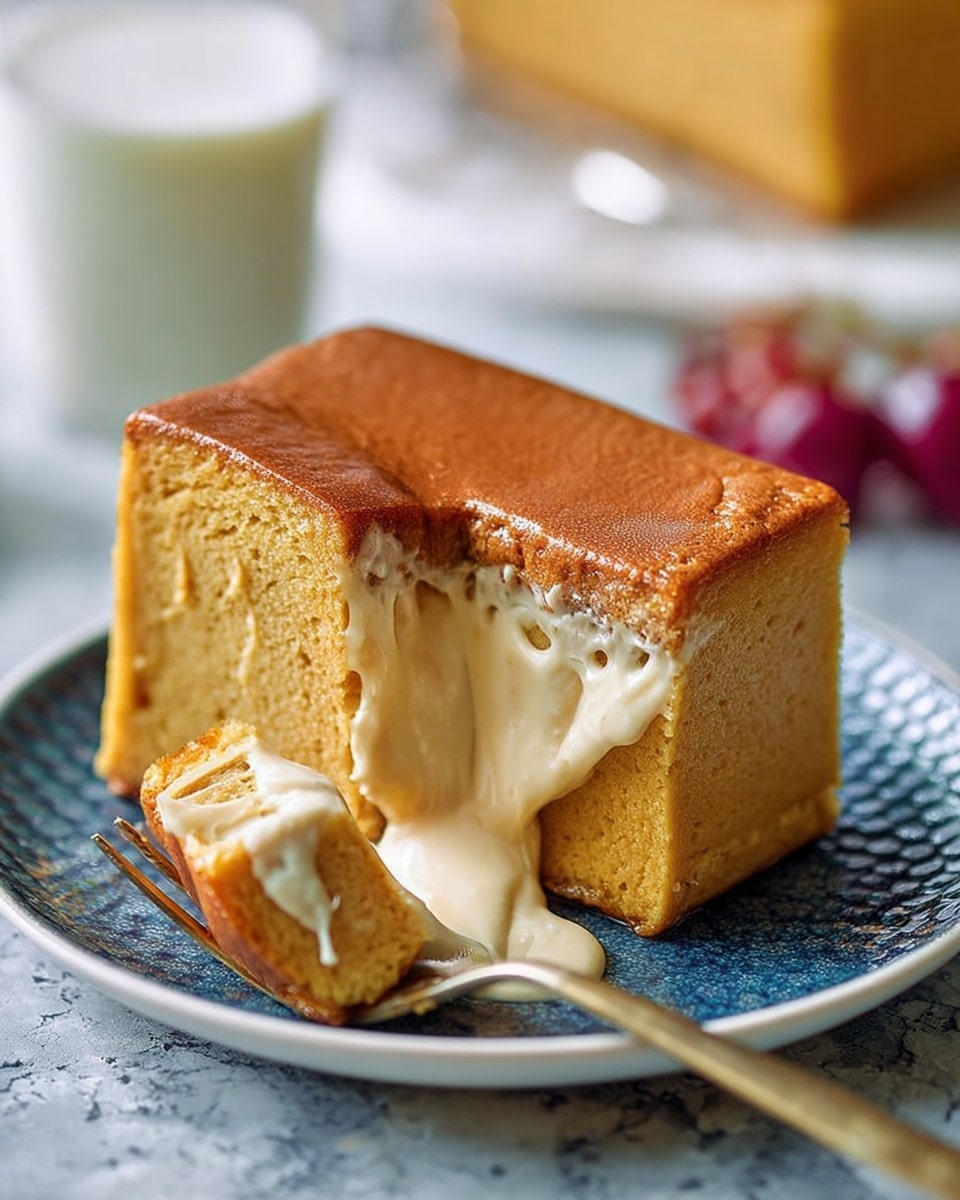 A single square piece of pumpkin pie with a golden brown, slightly cracked top layer sits on a white plate with a dark blue marbled texture. The pie has a thick, smooth, creamy orange layer underneath the top crust. A small piece has been cut out and is resting on a silver fork, showing a creamy, light brown filling inside that is stretching slightly like melted caramel. In the background, there is a blurry glass of milk and a container with red berries on a white marbled surface. photo taken with an iphone --ar 4:5 --v 7