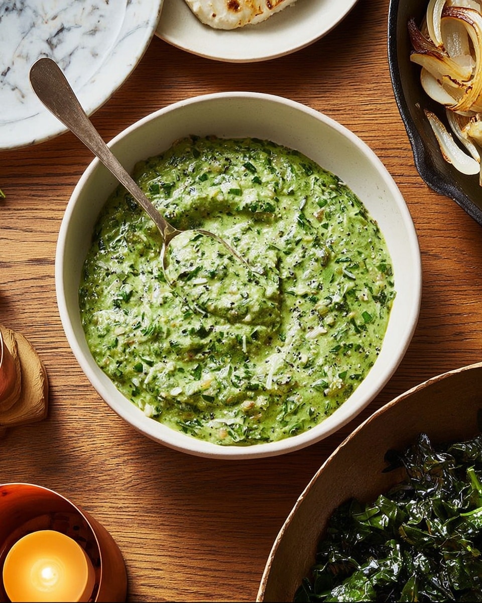 A close-up of a white bowl filled with a rich, creamy green sauce that has a slightly chunky texture with visible herbs and small solid pieces. A metal spoon rests in the bowl with its handle standing upright. The bowl sits on a wooden surface beside a lit candle in a gold holder and a gold round salt shaker. Part of a white speckled plate and a black cast iron pan with browned and lightly charred sliced onions and potatoes are visible at the edges. In the lower part of the image, there is a white bowl with dark green cooked leafy vegetables. photo taken with an iphone --ar 4:5 --v 7