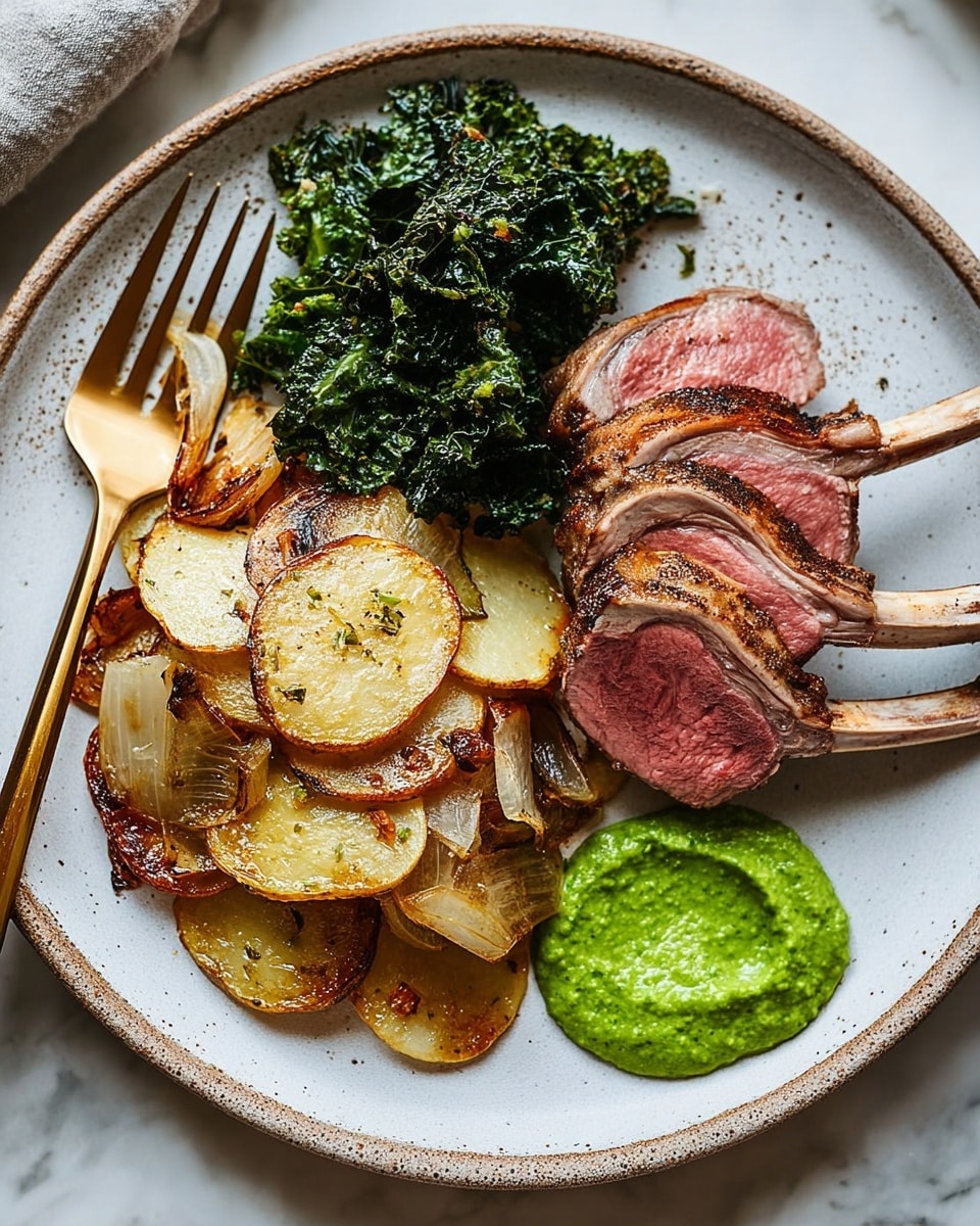 The image shows a white ceramic plate with three main parts arranged separately: a group of dark green, cooked leafy vegetables at the top, a bed of thinly sliced, golden-brown roasted potatoes with some onion rings on the left, and two thick slices of pink, medium-cooked meat with a bone sticking out on the right, partially covered with a spider-web textured light green sauce. A gold fork is placed on the left side of the plate. The plate is on a wooden surface with a white marbled texture. Photo taken with an iphone --ar 4:5 --v 7