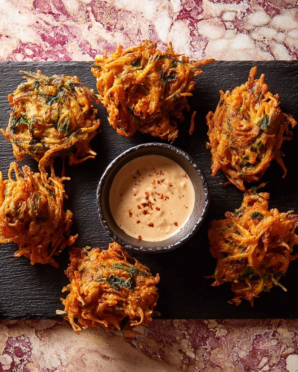 Six deep-fried, golden-brown fritters with visible strands of orange carrot and green herbs are arranged in a circle on a dark rectangular board. In the center, there is a small black bowl filled with creamy dip that has a light orange tint and a slightly thick texture. The dark board contrasts with the vibrant colors of the fritters, and the background is a white marbled texture with red and gold patterns. The lighting highlights the crispiness of the fritters, making them look crunchy and fresh. photo taken with an iphone --ar 4:5 --v 7