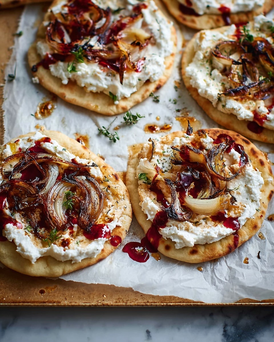 Four small round flatbreads sit on parchment paper over a white marbled surface. Each flatbread is topped with a thick, creamy white layer of cheese spread smoothly. On top of the cheese, there are pieces of caramelized onions with dark browned edges and a shiny, slightly oily texture. Bright red sauce is drizzled around and over the cheese, adding a rich color contrast. Small green herb sprigs are scattered lightly on and around the flatbreads. The parchment paper has some oily stains and red sauce smudges, adding a rustic look. Photo taken with an iphone --ar 4:5 --v 7