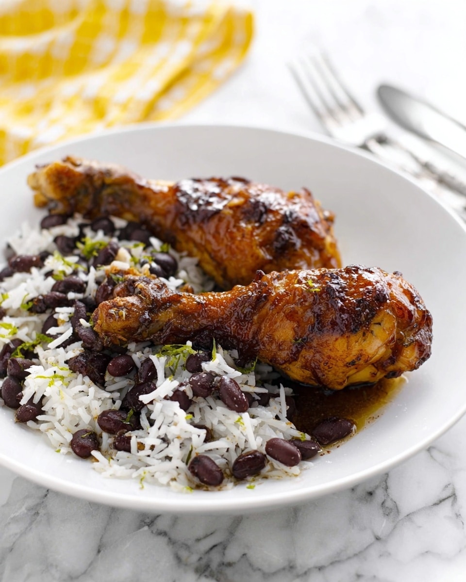 A white plate on a white marbled surface holds one drumstick and one chicken wing, both glazed with a shiny dark brown sauce. Underneath the chicken pieces, there is a layer of fluffy white rice mixed with dark black beans scattered across. Some small bits of green herbs and caramelized onions are visible on top of the rice. The food looks warm and freshly cooked, arranged simply on the plate. photo taken with an iphone --ar 4:5 --v 7