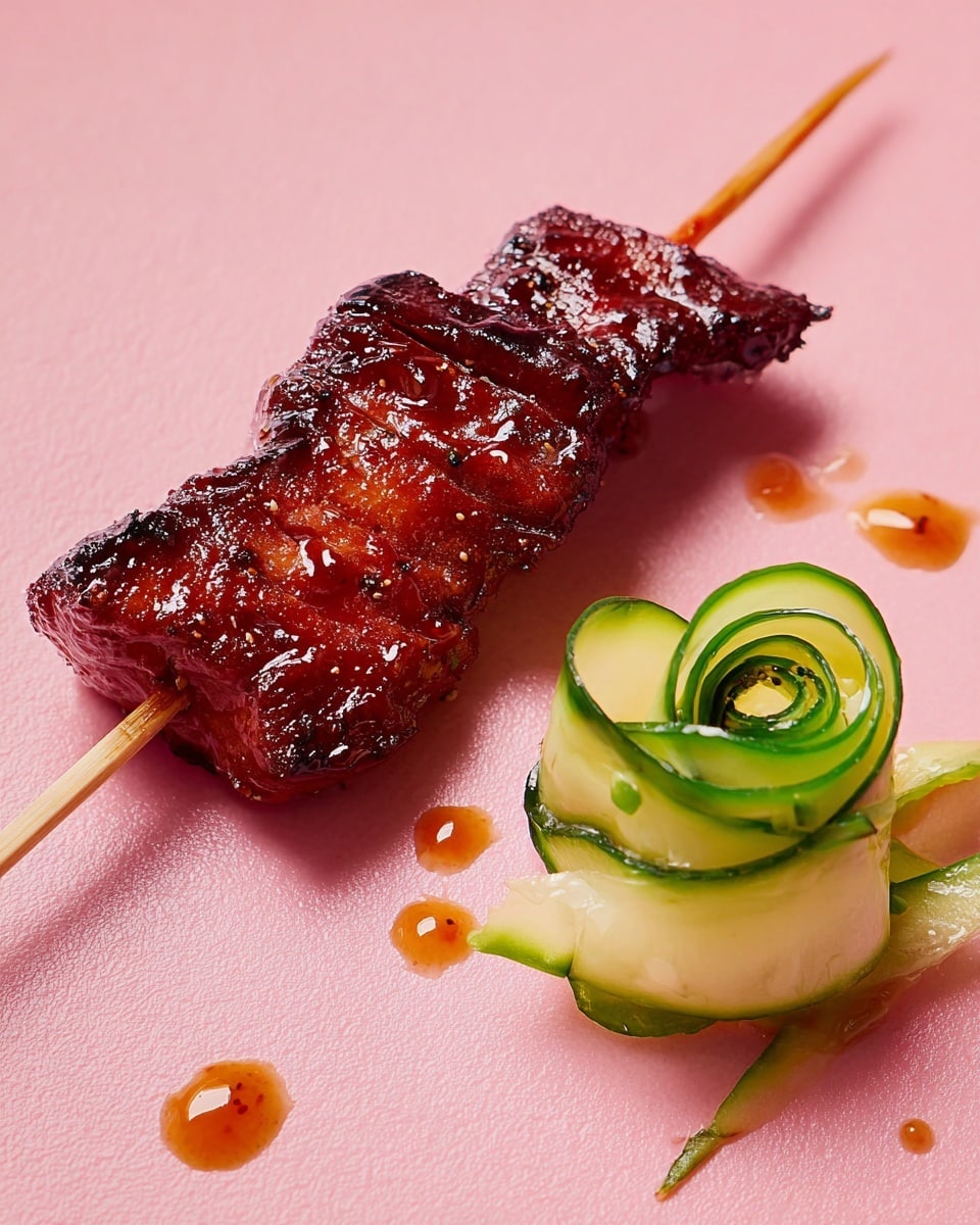 A glossy, dark reddish-brown grilled meat piece with a slightly charred outer layer is skewered on a light wooden stick, accompanied by a delicate garnish of curled, thin green cucumber slices resting on a pale yellow base on the left side; the food is placed against a smooth pink background with a small drop of honey-colored sauce below and a partial view of a golden-brown pastry on the upper right. photo taken with an iphone --ar 4:5 --v 7