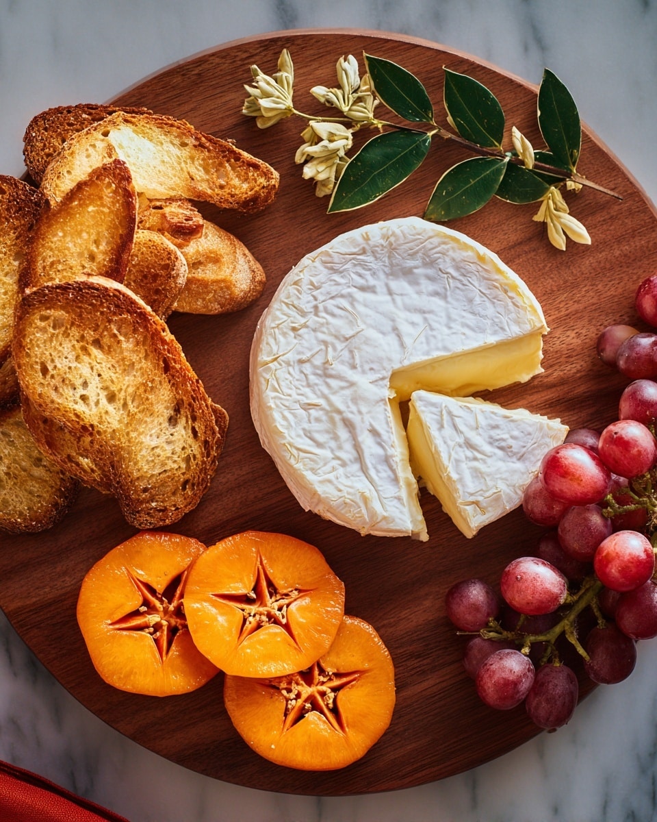 A round wooden board holds a food arrangement starting with a wheel of soft white cheese with a smooth, slightly bumpy rind, cut to reveal its creamy pale yellow inside, placed near the top right. Around the cheese, there is a bunch of red grapes on the right side. On the left side, several pieces of golden-brown toasted bread with a crunchy texture and open crumb are scattered. Below the toast, four bright orange persimmon slices are neatly layered. Behind the cheese and toast, three green bay leaves with small yellow flower buds lie flat. The whole scene is set against a white marbled surface. photo taken with an iphone --ar 4:5 --v 7