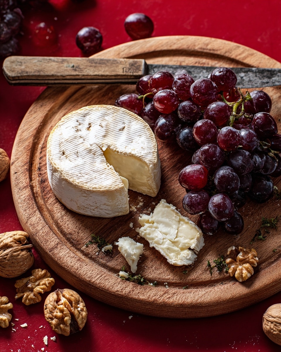A round wooden serving board holds a small log of pale yellow cheese with a firm and slightly wrinkled rind, cut to show its soft, white inside in one thick slice placed near the center. Below the cheese is a bunch of dark purple grapes with a shiny, juicy texture, some juice spilling out and mixing with small green herb sprigs. Scattered around are broken walnut pieces with light brown shells and pale nuts. A knife with a worn silver blade and a wooden handle rests on the right side of the board, near more walnut pieces. The background is a white marbled texture. photo taken with an iphone --ar 4:5 --v 7