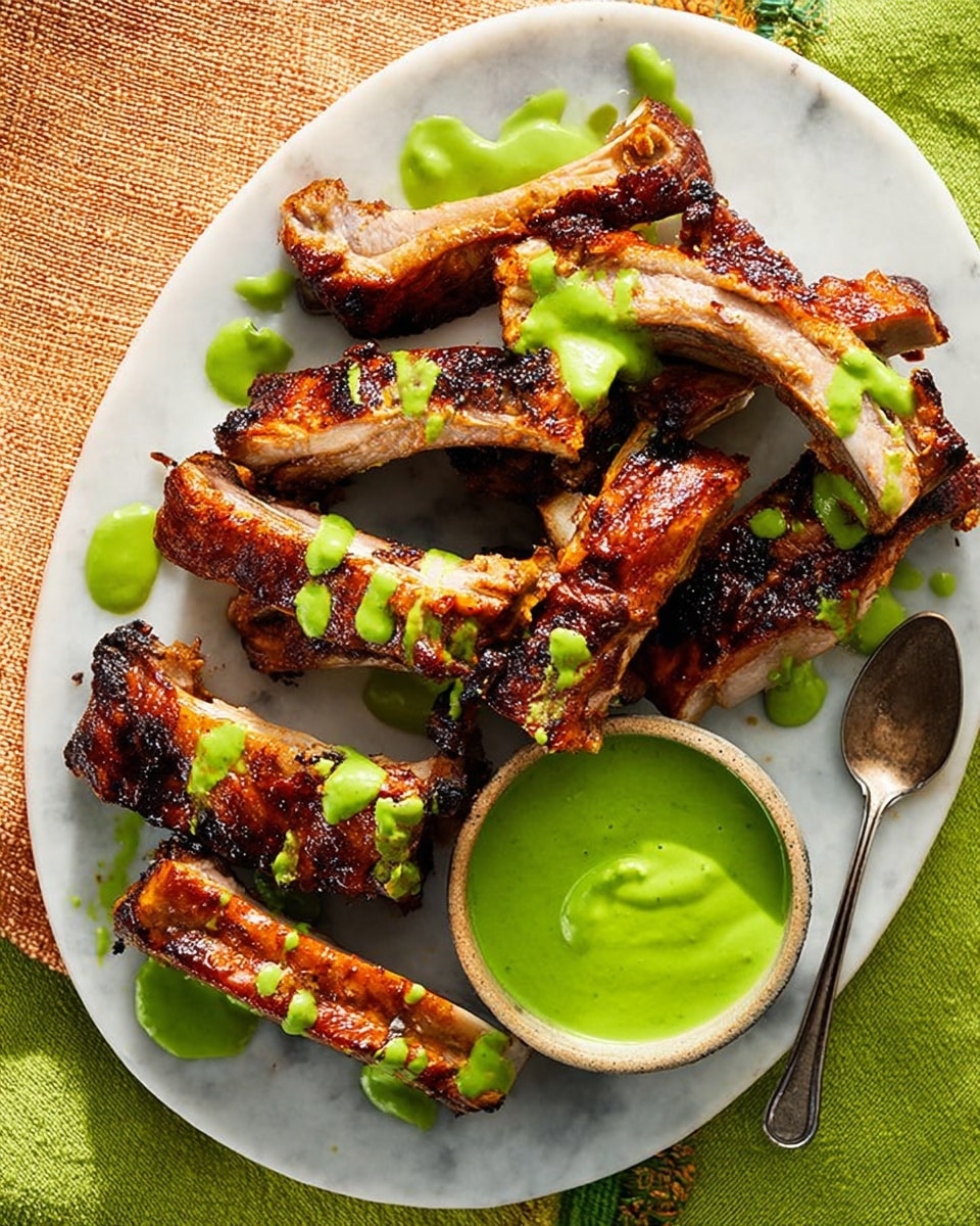 The image shows a white oval plate with several cooked pork ribs stacked on top of each other, each rib having a deep brown, crispy, and slightly charred texture. Bright green sauce is drizzled in small blobs around and over the ribs, adding a fresh contrast in color. At the bottom right of the plate, there is a small white bowl containing more of the same green sauce, with a silver spoon partially dipped inside. The plate is placed on a green cloth and beige woven fabric, all set on a white marbled surface. photo taken with an iphone --ar 4:5 --v 7