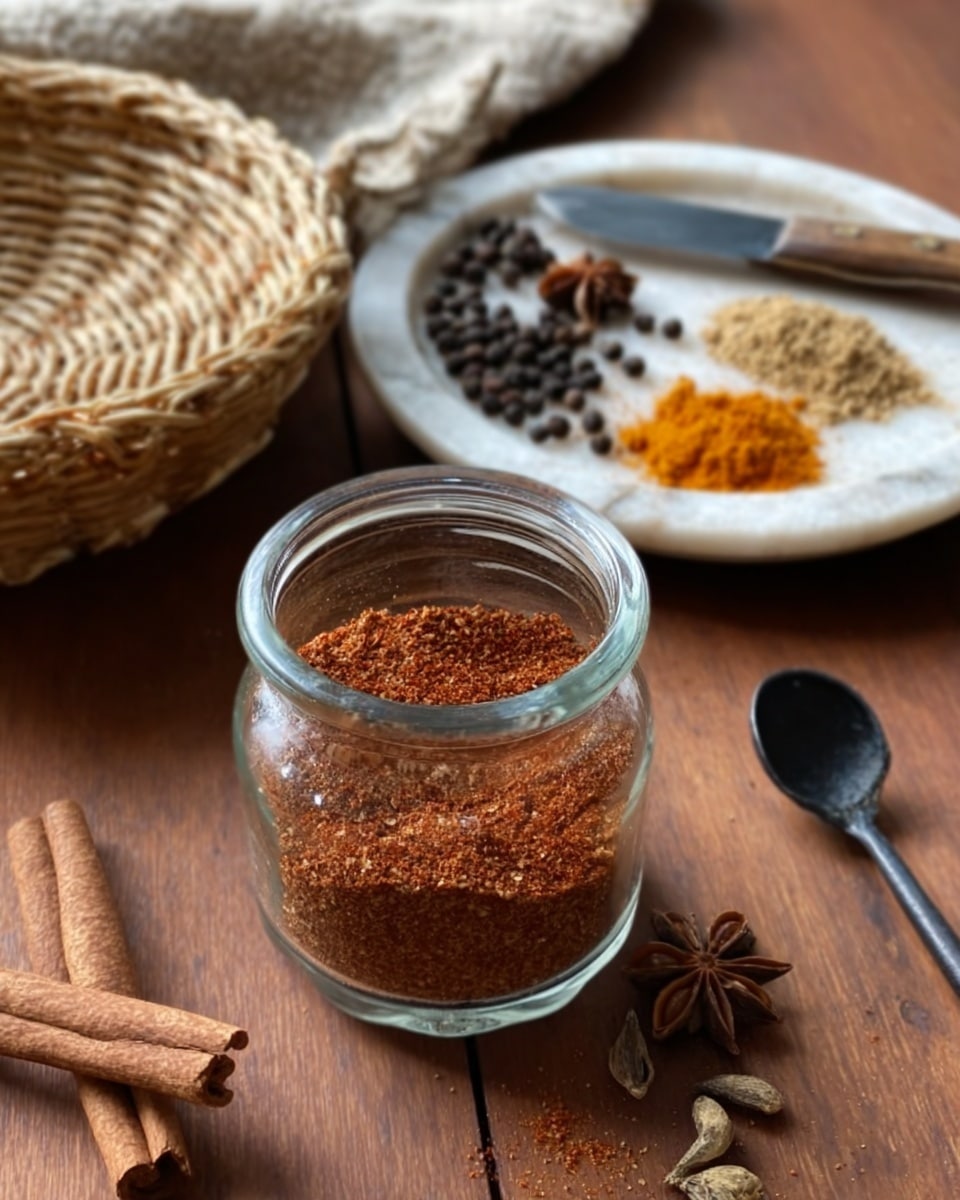 A clear glass jar filled with a reddish-brown coarse spice blend sits on a wooden surface. Behind the jar, there is a white plate with star anise, cloves, turmeric powder, and sliced ginger, along with a knife resting on the plate. To the left, a woven basket and a black stone tool are partially visible. Two cinnamon sticks lay on the wood surface near the jar. The scene is bright and simple, with a rustic kitchen feel. Photo taken with an iphone --ar 4:5 --v 7