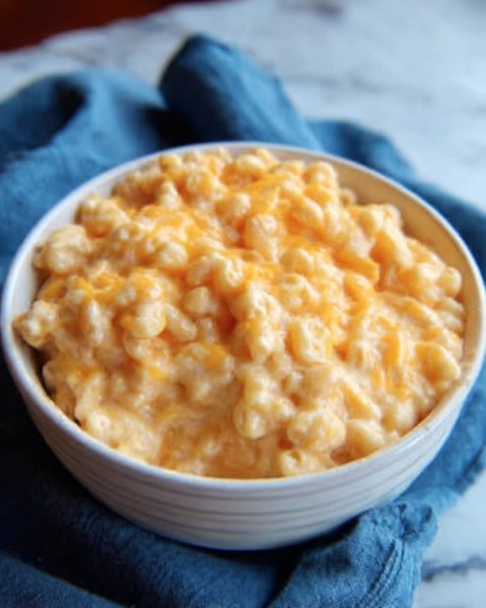 The image shows a white bowl filled with creamy macaroni and cheese, where small macaroni pieces are coated in a smooth, melted cheese sauce that has a light orange color. The bowl sits on a blue cloth against a white marbled surface in the background. The dish looks rich and soft with the cheese sauce covering every piece. Photo taken with an iphone --ar 4:5 --v 7