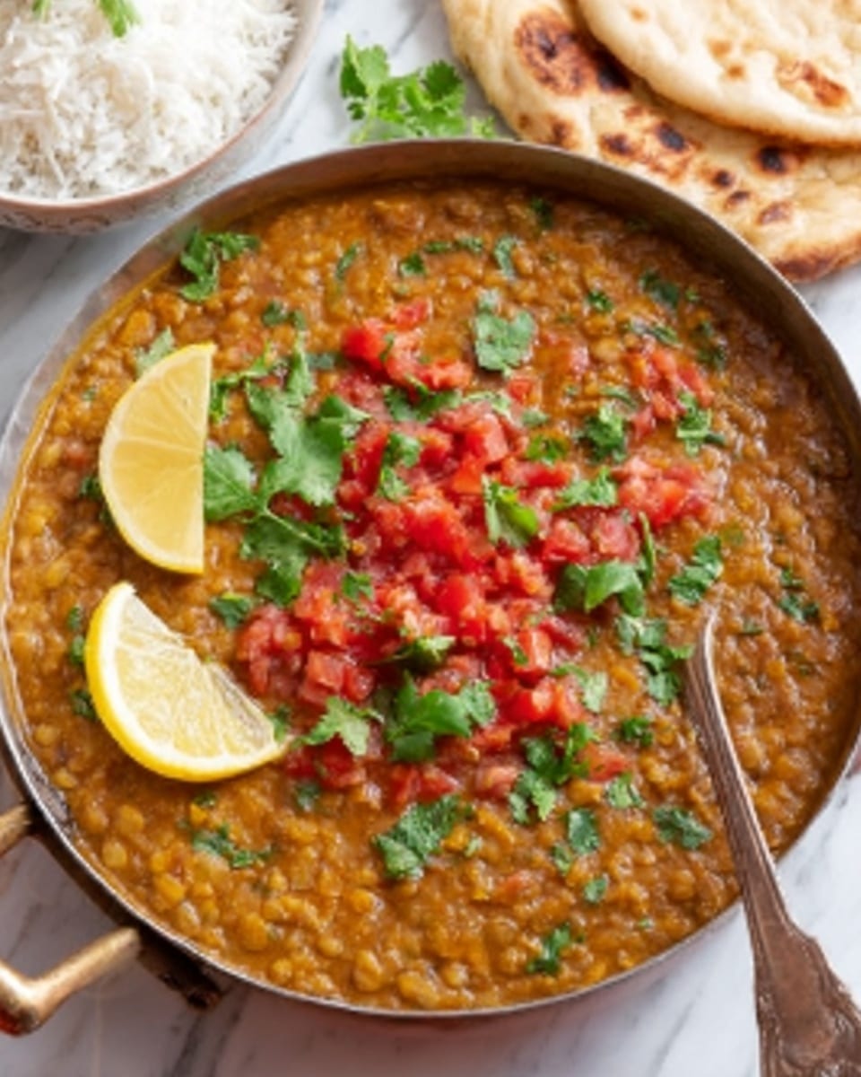 The image shows a shallow metal pan filled with a thick stew that has a smooth, slightly chunky texture in orange-brown color. On top of the stew, there is a small mound of finely chopped bright red tomatoes in the center, with fresh green cilantro leaves scattered around. Two lemon wedges sit on the edge of the stew near the top right of the pan. Behind the pan, there are pieces of soft, folded flatbread with a light golden color and a small white bowl filled with fluffy white rice. All items rest on a white marbled surface. photo taken with an iphone --ar 4:5 --v 7