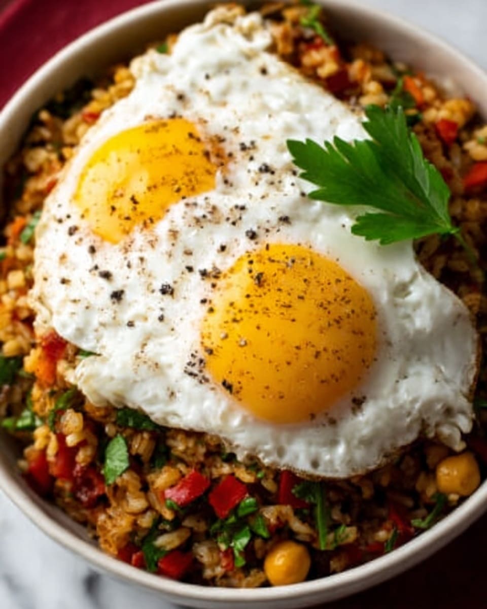 A white bowl filled with a colorful mixture of rice, chickpeas, and small red pepper pieces, all cooked and mixed together with fresh herbs visible throughout. On top of this rice mixture lie two sunny-side-up eggs, with bright white cooked egg whites and soft, pale yellow yolks sprinkled with black pepper. A small green parsley leaf rests on the edge of the eggs, adding a fresh touch. The bowl sits on a white marbled surface. photo taken with an iphone --ar 4:5 --v 7