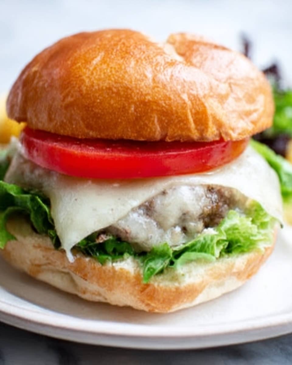 A close-up image of a sandwich on a white plate, featuring a soft bun split into two layers. The bottom bun holds a juicy, cooked patty covered with melted white cheese that drips slightly down the side. Above the cheese is a layer of crisp green lettuce, topped with two bright red tomato slices. The top bun is golden brown with a slightly shiny finish. The sandwich rests on a white marbled surface. Photo taken with an iphone --ar 4:5 --v 7