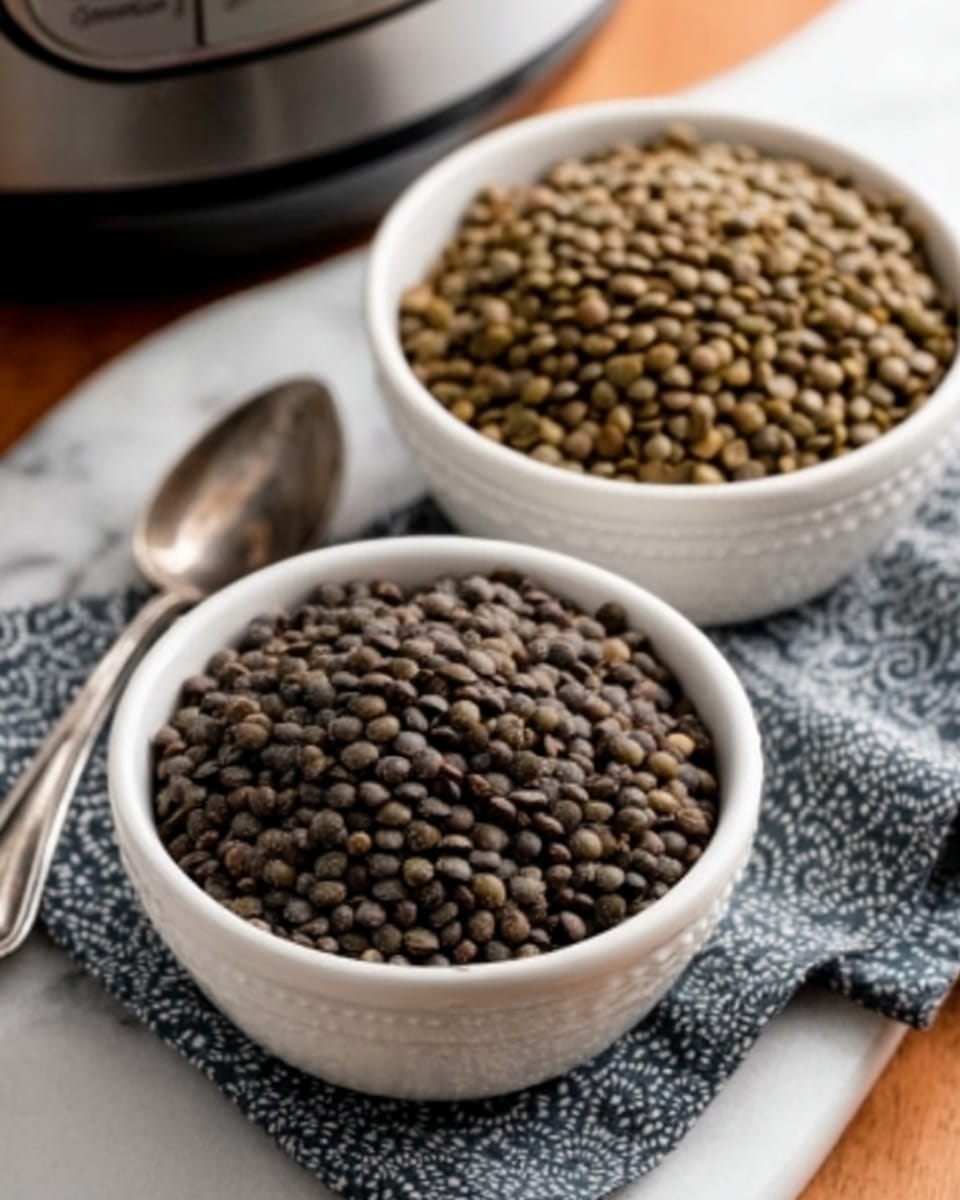 The image shows two small white bowls on a gray cloth with a circular pattern, placed on a wooden surface. One bowl contains dark black lentils with a smooth, shiny texture, tightly packed and filling the bowl fully. The other bowl holds light brown lentils that are matte and round, also filling the bowl fully. A metal spoon rests to the left side of the bowls, and an instant pot sits in the background, partially visible, on the wooden surface. The entire scene is set against a white marbled texture. Photo taken with an iphone --ar 4:5 --v 7