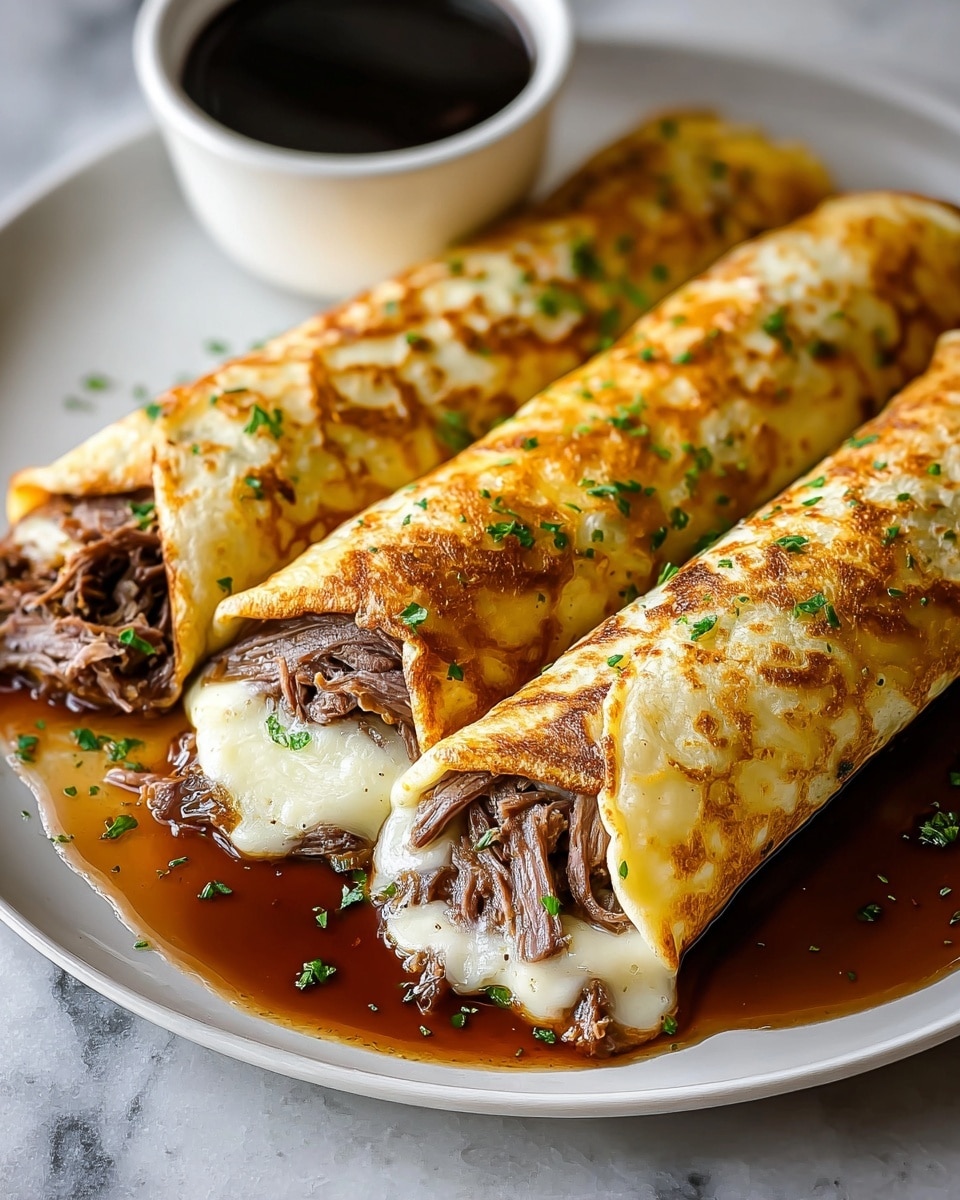 The image shows three rolled crepes on a white plate, filled with shredded dark brown beef and melted creamy white cheese inside. The golden-brown crepe layer is slightly crispy, sprinkled with fresh green chopped herbs on top. A rich brown sauce pools around the crepes on the plate, adding shine to the dish. In the background, there is a white bowl filled with more of the brown sauce. The whole scene is set on a white marbled surface with a few green herb leaves scattered around. photo taken with an iphone --ar 4:5 --v 7