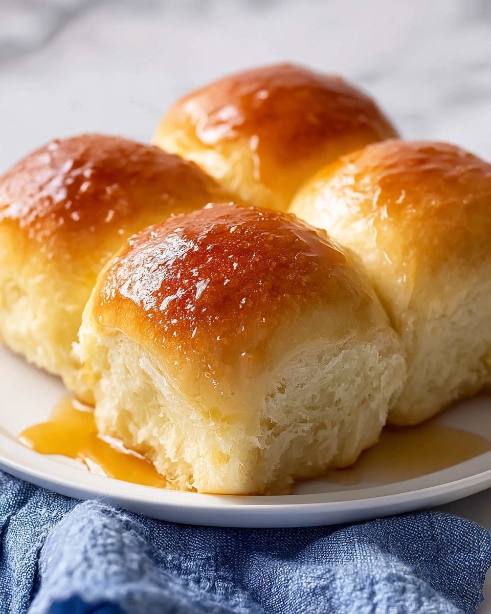 Four soft bread rolls are placed closely together on a white plate, each roll showing a shiny golden-brown top layer with a glistening texture. The sides of the rolls are pale cream with a fluffy, light texture visible. A small pool of honey or syrup sits on the plate, slightly spreading out from the bottom left roll. The plate rests on a white marbled surface with a blue cloth partially under it on the right side. The photo taken with an iphone --ar 4:5 --v 7