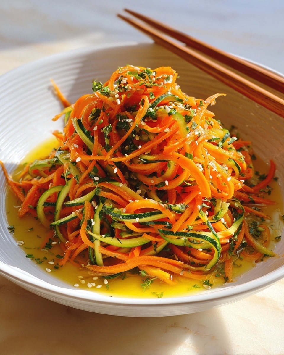 A white bowl holds a bright and fresh salad made of thin, long spirals of orange carrot and green cucumber mixed together in a loose pile. The colorful layers are sprinkled with small white sesame seeds and small chopped green herbs, giving it a textured look. At the bottom and around the edges, golden olive oil pools slightly, adding a shine to the salad. A pair of brown chopsticks rests on the right side of the bowl, angled inside. The background shows a white marbled surface. photo taken with an iphone --ar 4:5 --v 7