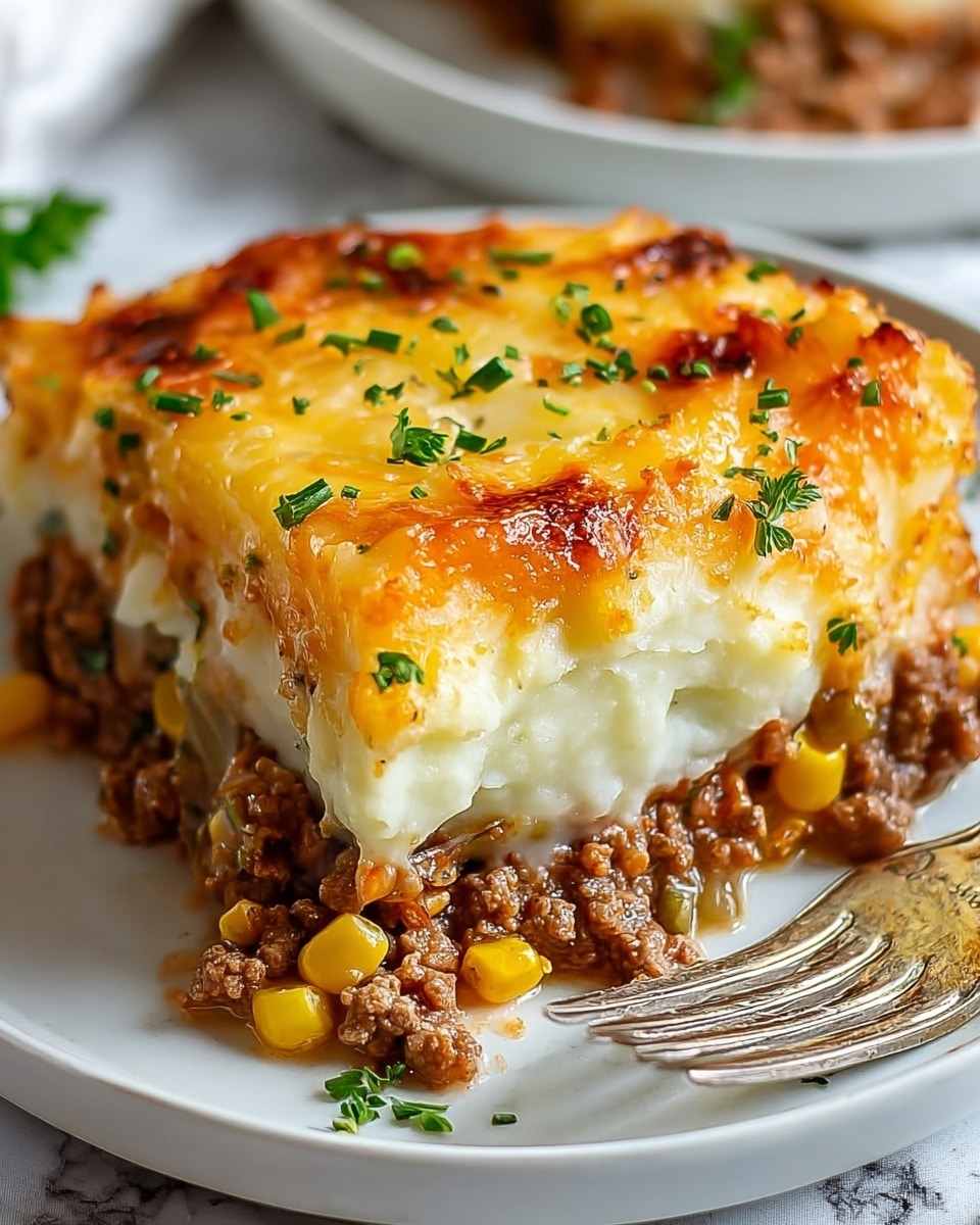 A close-up of a layered dish on a white plate with a silver fork next to it, showing three distinct layers: the bottom layer is a chunky, brown minced meat mixed with yellow corn pieces, the middle layer is a thick, smooth, creamy white mashed potato, and the top layer is a golden-brown melted cheese with crispy edges and small green herb pieces sprinkled over it, placed on a white marbled surface. Photo taken with an iphone --ar 4:5 --v 7
