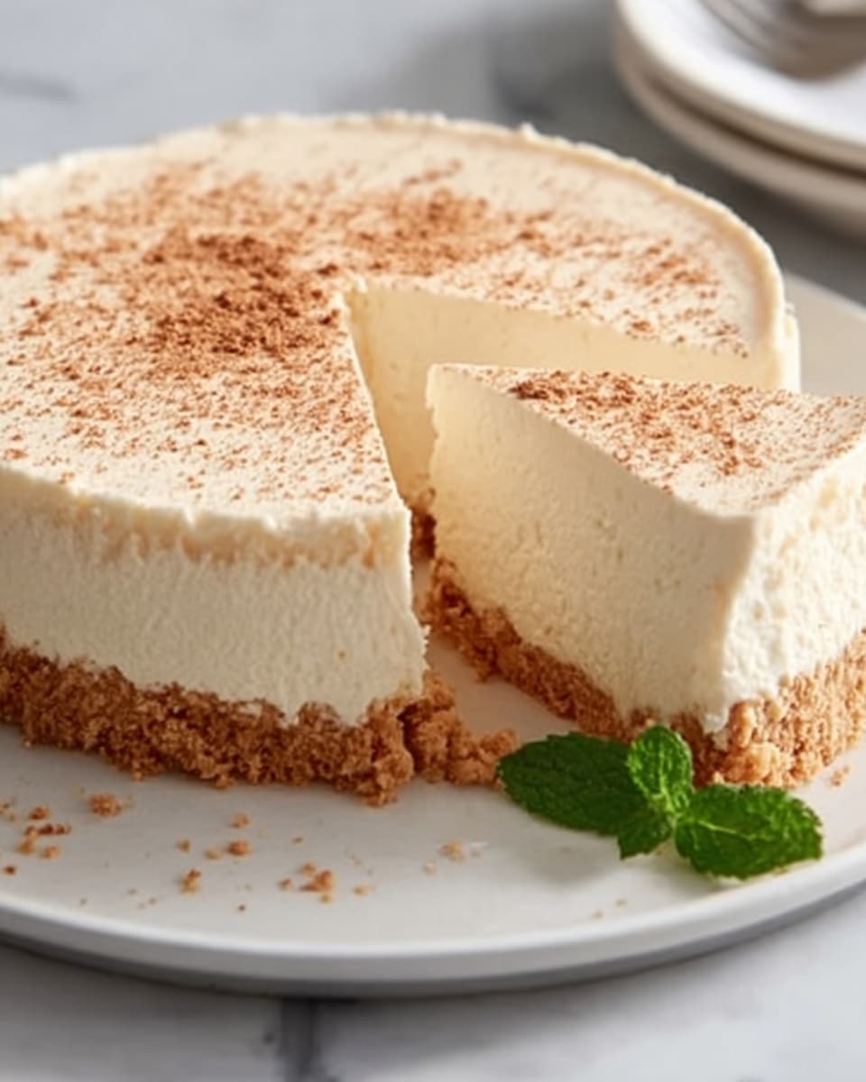 A creamy cheesecake with a thick, golden-brown crumb crust at the bottom, topped with a smooth, pale yellow cream layer that looks soft and rich. The cheesecake is round and has a slice cut out, showing the even layers inside. Light brown crumbs are sprinkled gently on top, adding texture. The cake sits on a white plate, set on a white marbled surface, with a small green mint leaf next to it for color. photo taken with an iphone --ar 4:5 --v 7