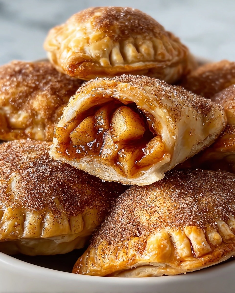 A close-up of several golden-brown baked pastries in a white bowl, each covered with a rough layer of cinnamon sugar, giving a slightly grainy texture on top. One pastry is cut open, showing its inside filled with soft, chunky apple pieces coated in a thick, glossy caramel and cinnamon sauce, with light flaky layers of crust around the filling. The pastries have a warm, inviting color with crispy edges and a soft crumb inside. The white bowl rests on a white marbled surface, adding a clean and bright contrast to the rich, warm tones of the pastries. Photo taken with an iphone --ar 4:5 --v 7