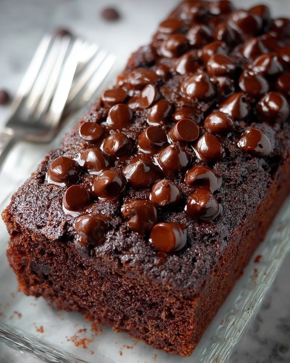The image shows a rectangular chocolate cake with a rich, dark brown color and a moist texture. The cake is topped with many shiny, melted chocolate chips that spread unevenly across the surface, some slightly oozing chocolate, giving it a glossy and indulgent look. The cake rests on a clear glass tray, placed on a white marbled surface. In the background, there is a silver fork, adding a simple touch to the setting. photo taken with an iphone --ar 4:5 --v 7