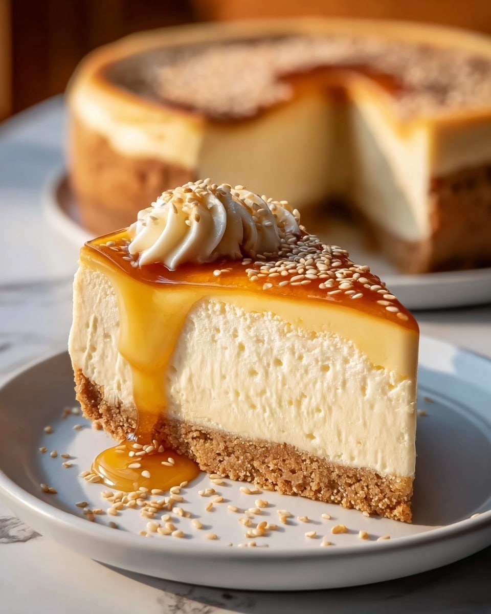 A slice of creamy cheesecake with three layers sits on a white plate on a white marbled surface. The bottom layer is a light brown crumbly crust. The thick middle layer is smooth and pale yellow cream. The top layer is a thin, shiny golden caramel glaze that drips down the sides, with a small swirl of light buttercream and some sesame seeds on top. More sesame seeds are sprinkled around the plate. In the background, a full cheesecake with a similar look is slightly out of focus. The photo taken with an iphone --ar 4:5 --v 7
