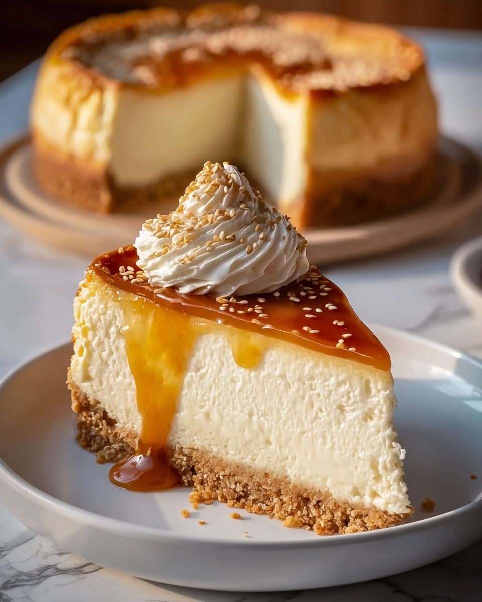 A slice of cheesecake sits on a white plate with a crumbly light brown crust forming the bottom layer, topped by a thick, smooth cream cheese layer in pale ivory. The top layer is a thin, glossy caramel glaze dripping down the sides, with a small swirl of white cream and sprinkled sesame seeds resting on top. The background shows the remaining cheesecake with a similar caramel top and sesame seeds, all placed on a white marbled surface. The lighting highlights the creamy texture and golden caramel shine. photo taken with an iphone --ar 4:5 --v 7